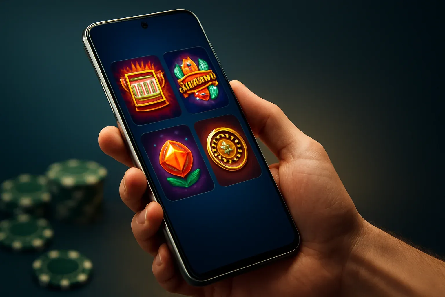 Flagship Android smartphone showing vivid premium casino app interface