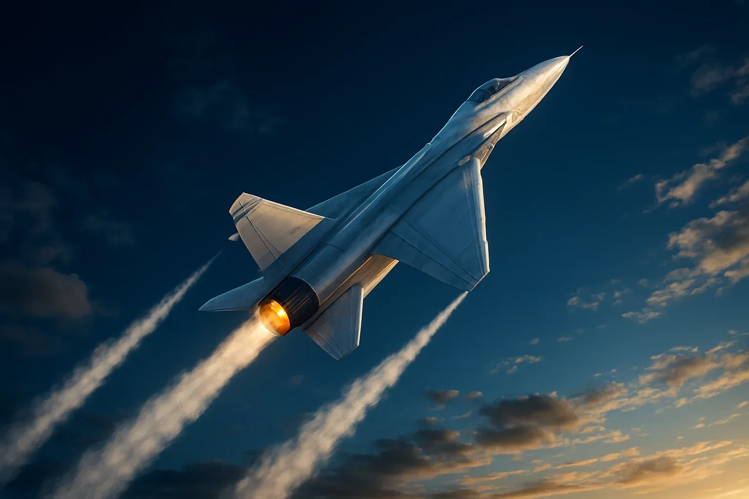 Hyperrealistic white jet aircraft climbing steeply in dramatic blue sky