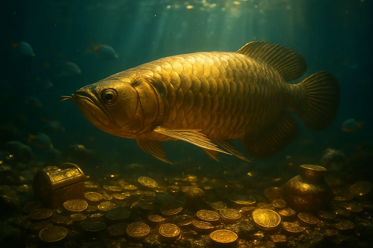 Massive golden dragon fish underwater with glowing coins and treasure