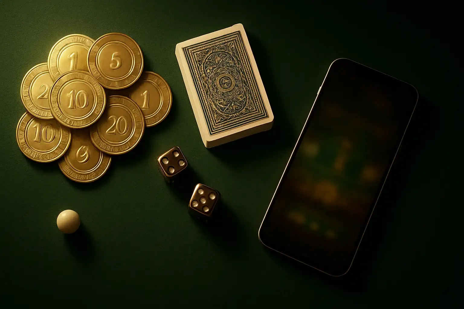 Top-down casino table with gold chips, cards, dice, roulette ball, smartphone