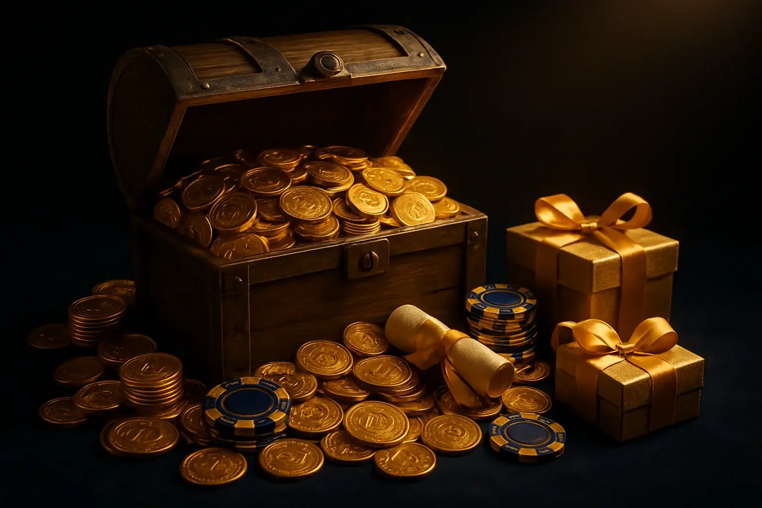 Overflowing treasure chest with gold coins, casino chips, vouchers, and gift boxes