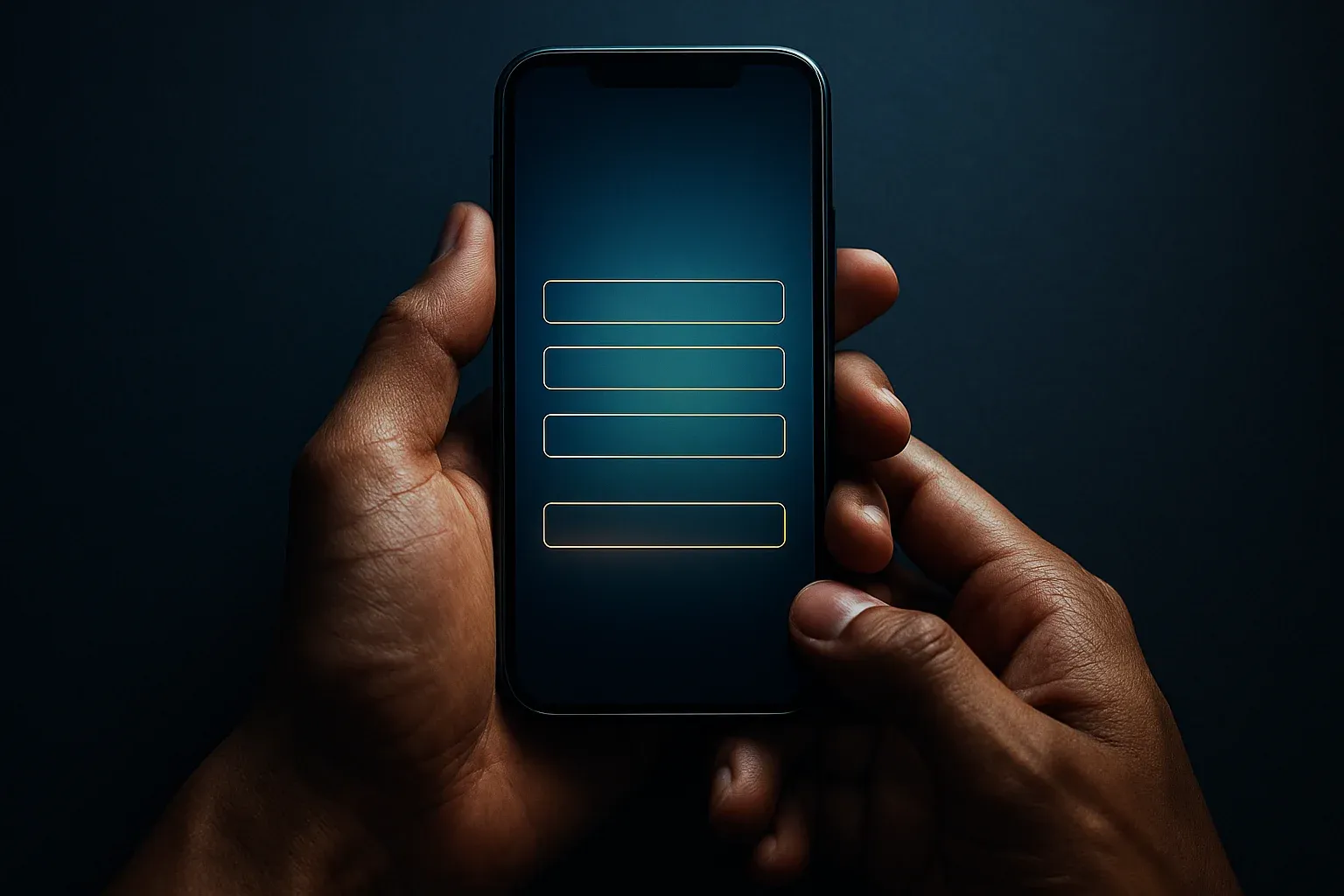 Filipino man's hands holding smartphone with glowing registration interface