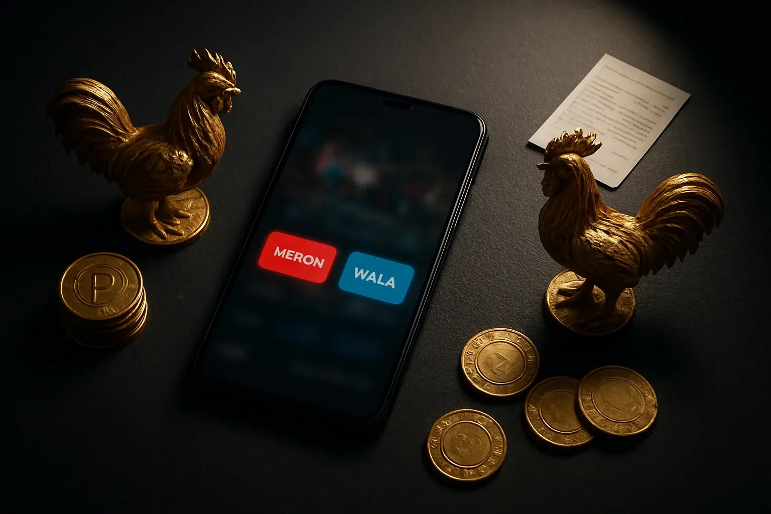 Smartphone with sabong betting interface, golden roosters, coins, and chips