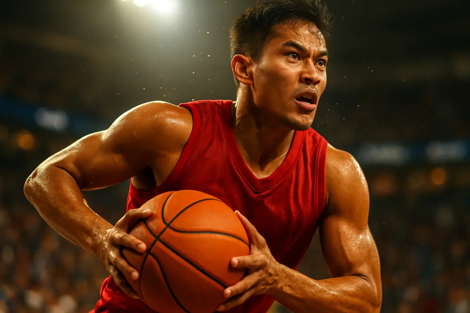Filipino PBA basketball player driving mid-air toward the basket